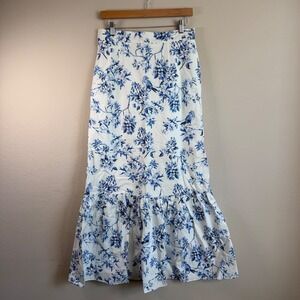 Blue White Floral Bird Toile 8 Maxi Mermaid Ruffle Skirt Romantic Southern